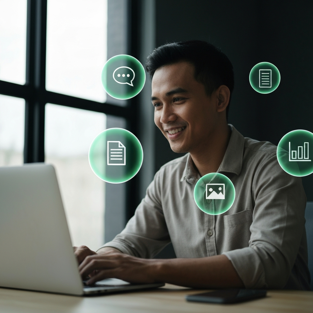Profesional bekerja ditemani tim AI β chat, konten, gambar, dan analitik otomatis